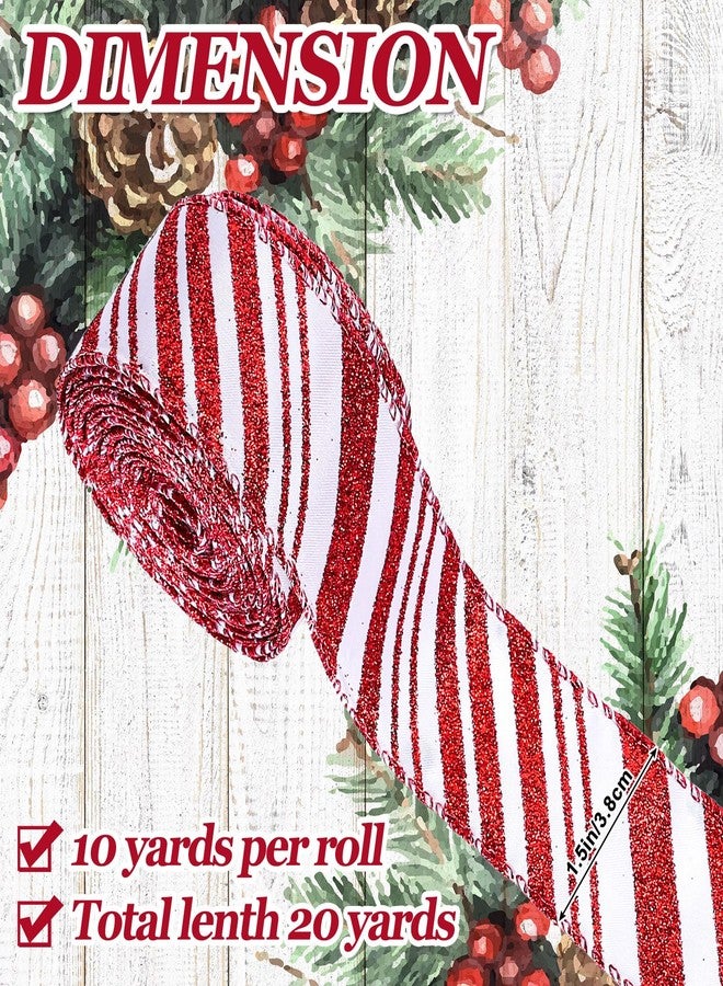 Whaline 2 Rolls 20 Yards Christmas Wired Edge Ribbons Glitter Red White Stripes Ribbon Christmas Candy Cane Gift Wrapping Ribbons for DIY Wreath Floral Arrangement Bow Decoration Supplies, 1.5 Inch - Image 2